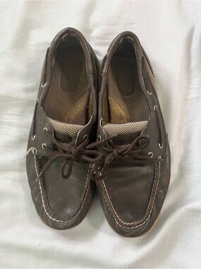 Sperry Brown Leather Lace-Up Boat Shoes with Mesh Tongue